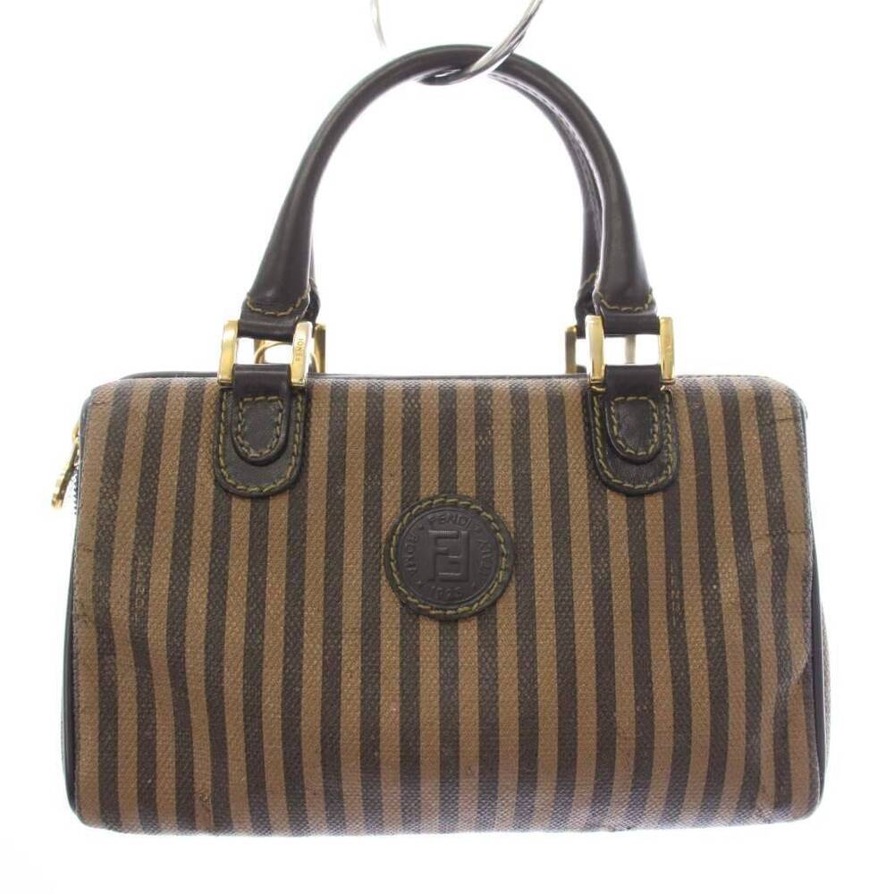 Fendi Pequin Handbag Boston Bag Striped Brown Black TK OH